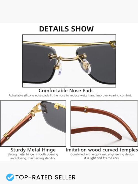 Oversized Rimless Square Sunglasses Retro Imitation Wood Frame UV Protection main image 6
